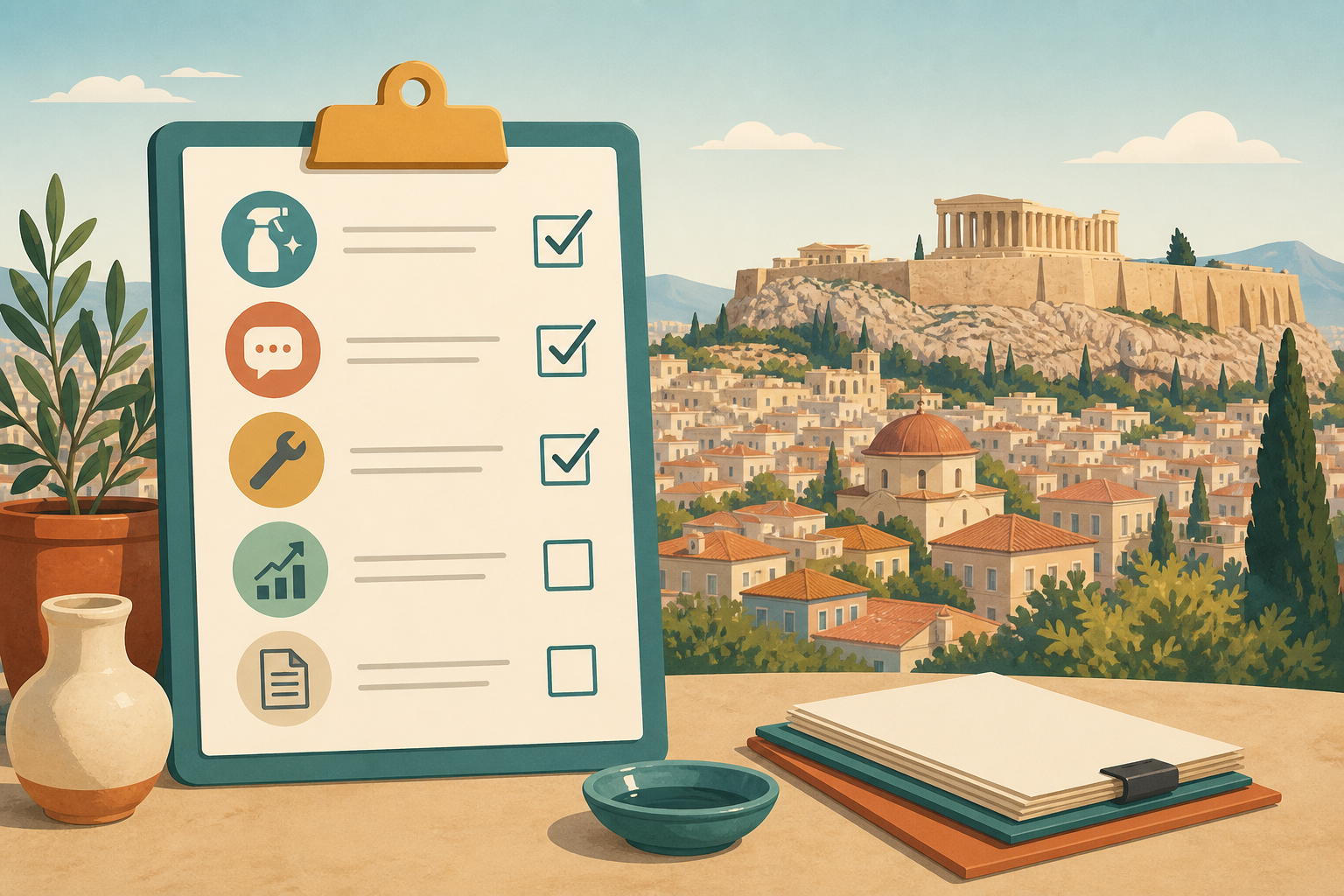 Εικονογράφηση checklist για την αυτοδιαχείριση Airbnb εξ αποστάσεως, με φόντο την Αθήνα.