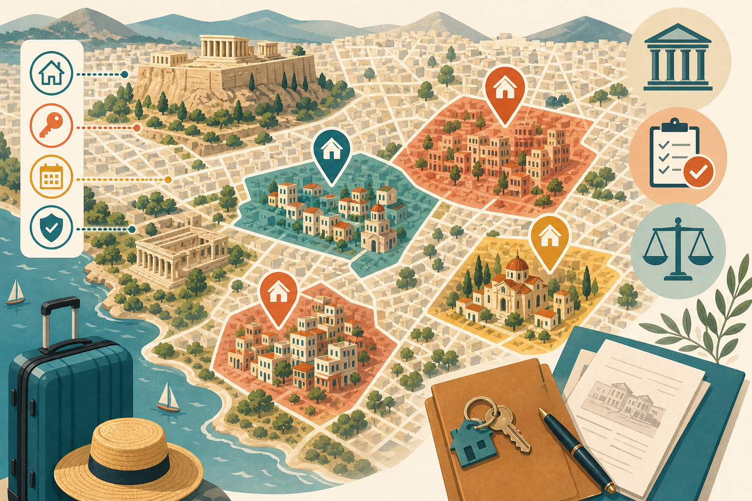 Εικονογράφηση χάρτη της Αθήνας με τις ζώνες ειδικού καθεστώτος για βραχυχρόνιες μισθώσεις.