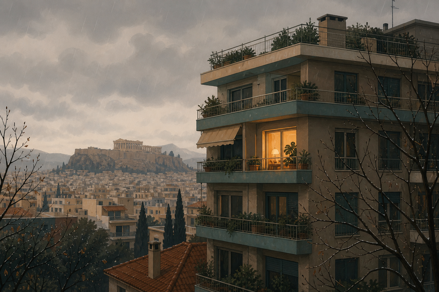 Εικονογραφημένη πολυκατοικία στην Αθήνα με ένα φωτισμένο διαμέρισμα και χειμωνιάτικη ατμόσφαιρα.
