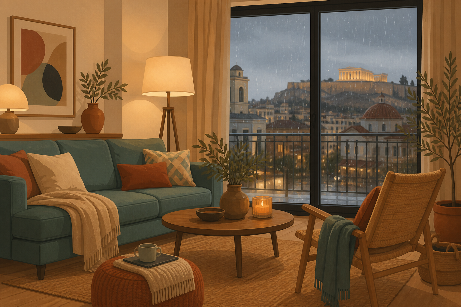 A modern city apartment living room with warm lighting and cozy details, rain on the window, and an urban Greek backdrop, evoking winter comfort.