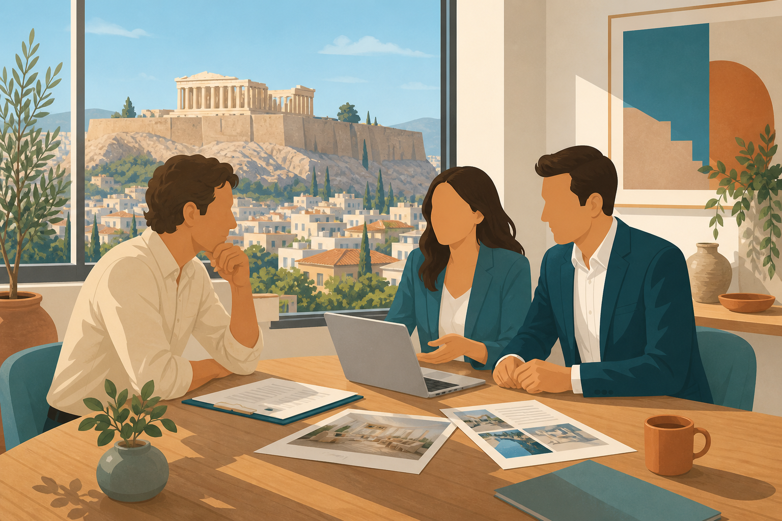 Ιδιοκτήτης συζητά με επαγγελματία διαχειριστή Airbnb σε φωτεινό γραφείο με θέα Ακρόπολη.