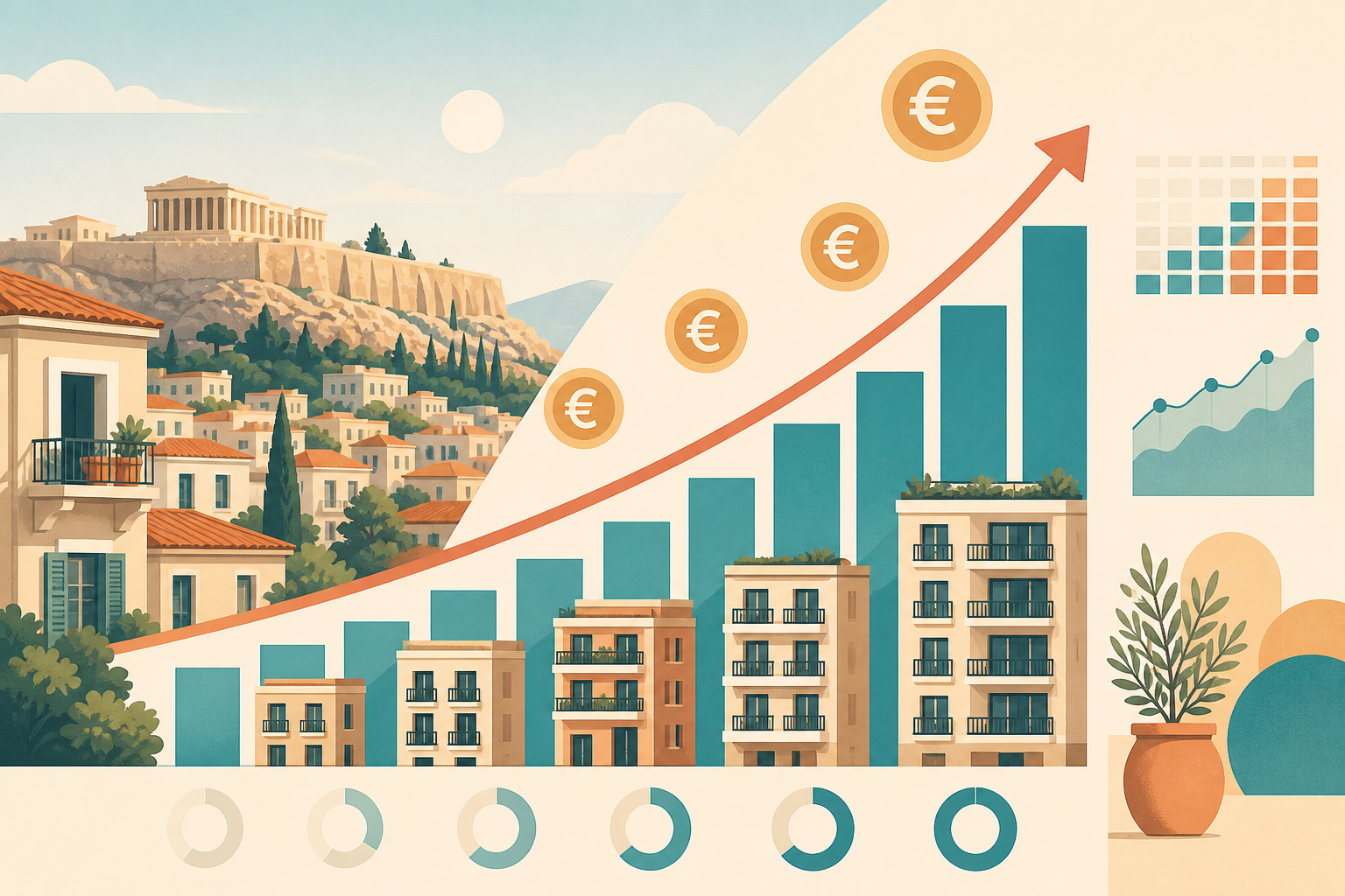 Εικονογράφηση με γράφημα ανόδου εσόδων Airbnb στην Αθήνα.