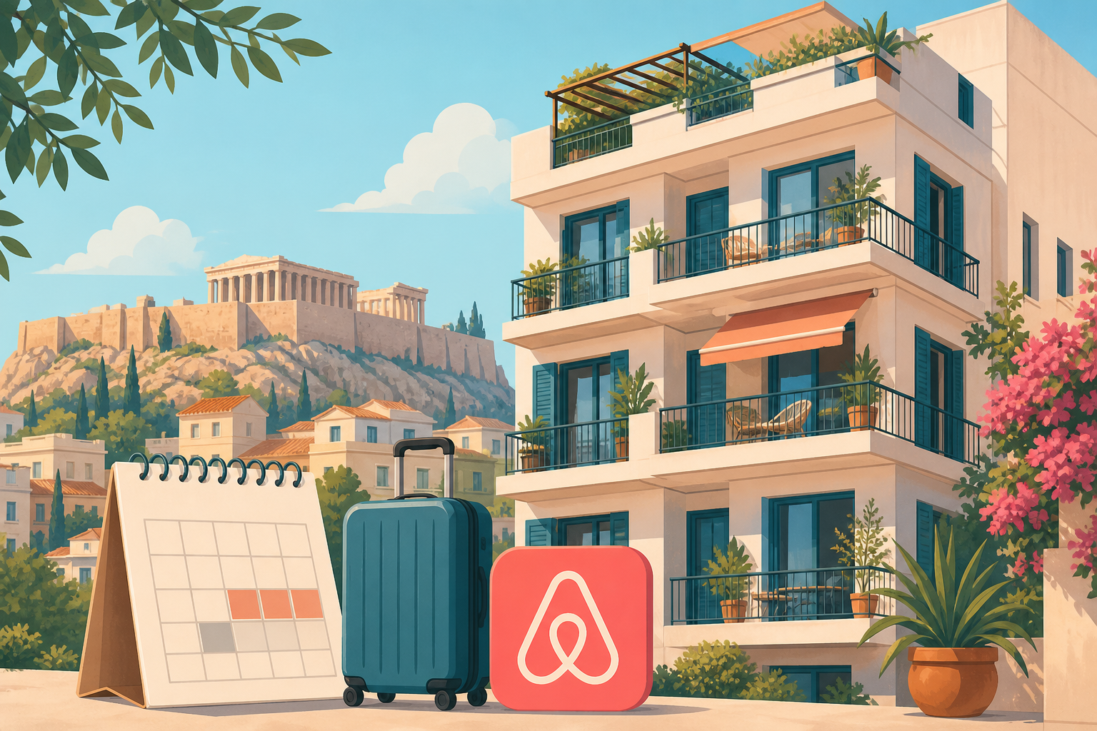 Εικονογραφημένη αθηναϊκή πολυκατοικία με μοντέρνες πινελιές και σύμβολα Airbnb