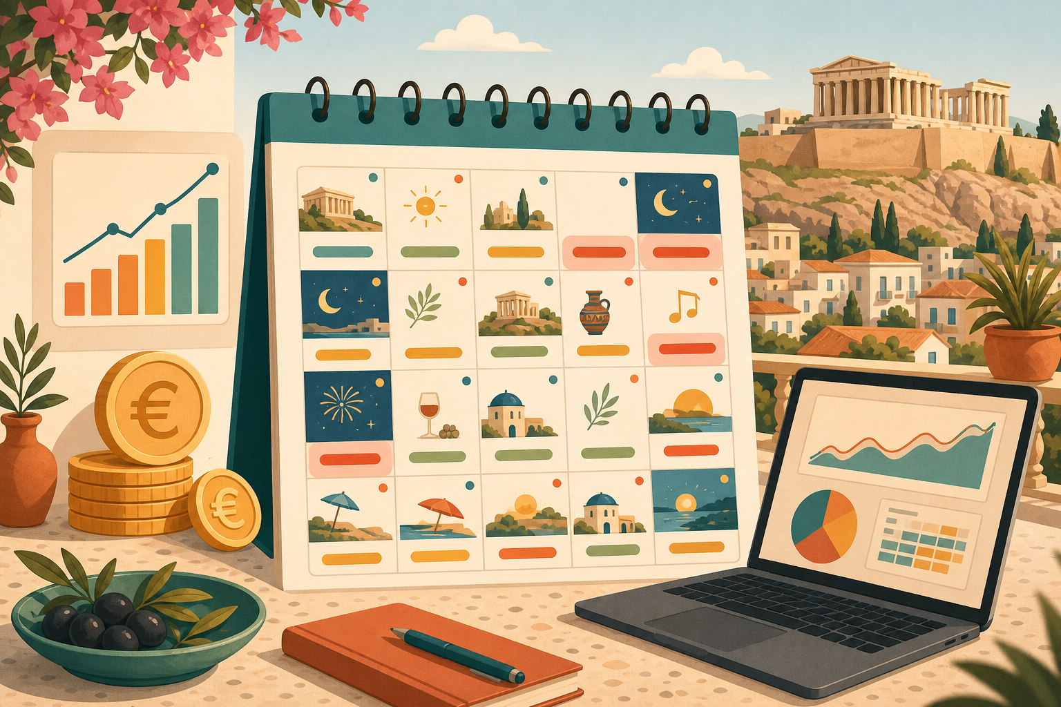 Εικονογραφημένο ημερολόγιο με διαφορετικές τιμές Airbnb ανά βραδιά σε ελληνική πόλη με ένδειξη γεγονότων