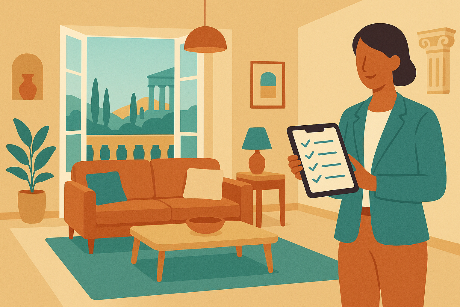 Εικονογράφηση διαχειριστή Airbnb σε μοντέρνο σαλόνι διαμερίσματος στην Αθήνα με checklist στο χέρι