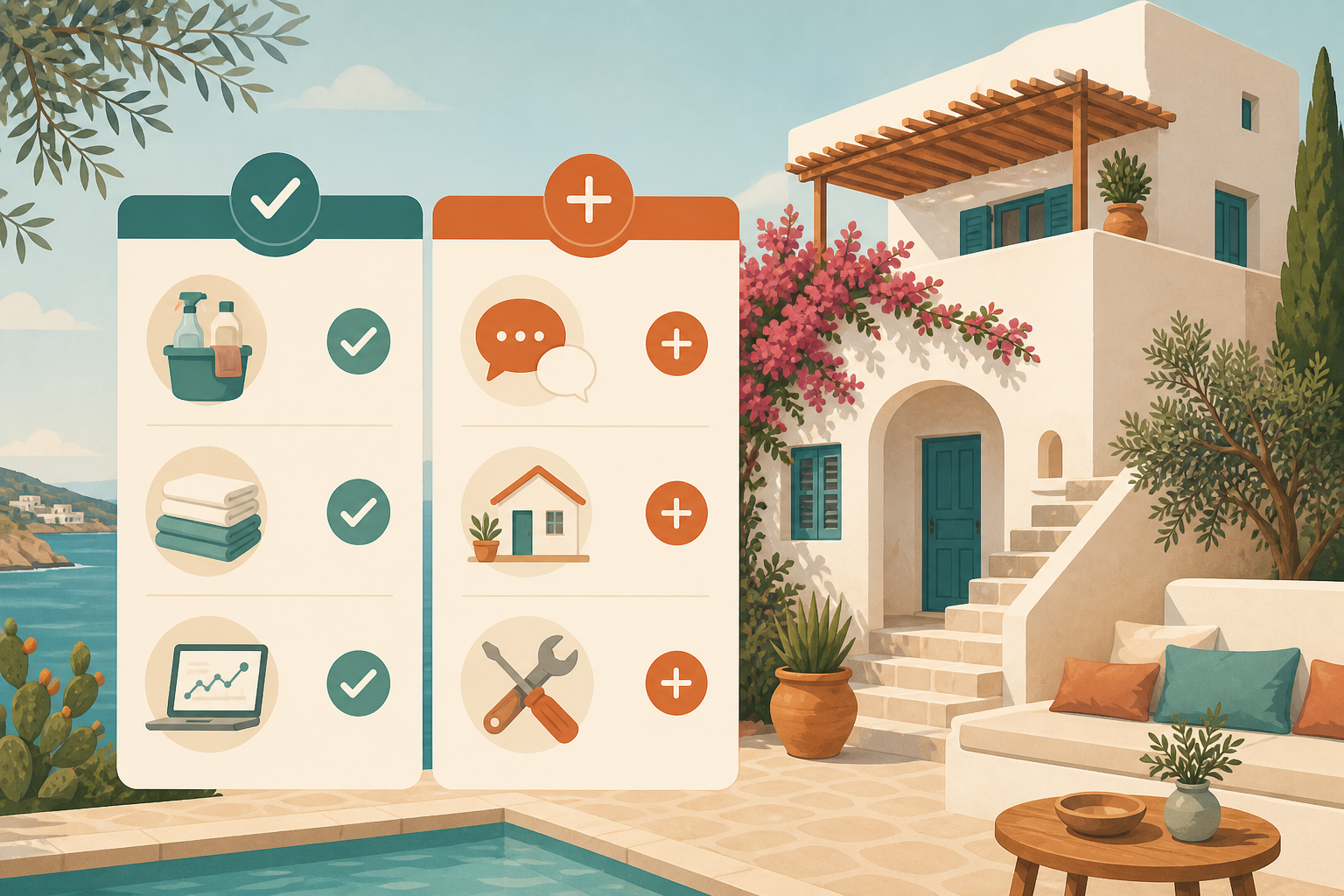 Εικονογράφηση με checklist παροχών και έξτρα χρεώσεων, όπως καθαρισμός, λευκά είδη, δυναμική τιμολόγηση και επισκευές, με φόντο ελληνικό ακίνητο